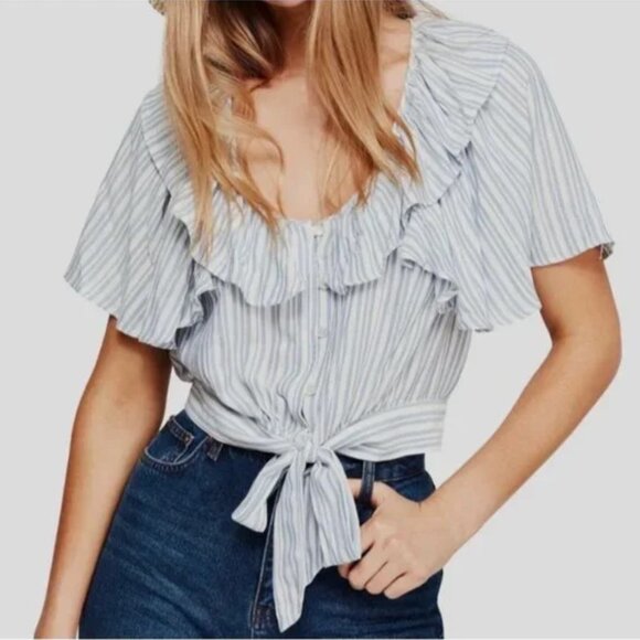 NWT Free People Blue White Rosemary Striped Tie Front Cropped Ruffle Blouse (XS) - Picture 3 of 6